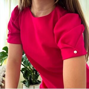 NWT ZARA Fuschia Pink Pearl Embellished Puff Sleeved Dress. Size L.